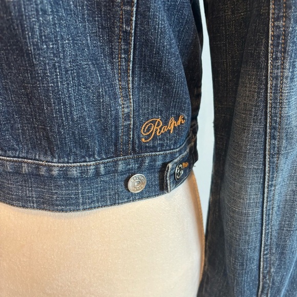 RALPH Ralph Lauren Dark Blue Wash Ruched Shoulder Denim Jean Jacket Medium - Picture 7 of 14
